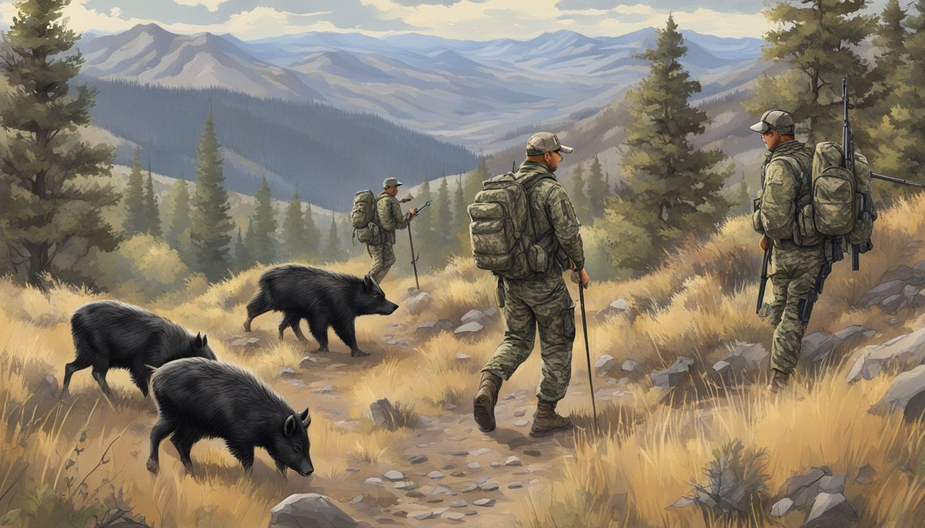 A group of hunters in camouflage gear tracking wild hogs through the rugged terrain of Idaho, with a focus on conservation and responsible management