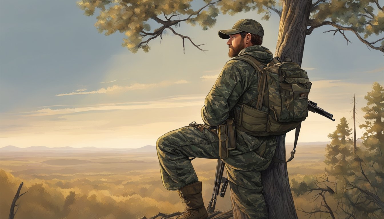 A hunter in camouflage waits in a tree stand with a bow, overlooking a field in the Colorado wilderness, where wild hogs are known to roam