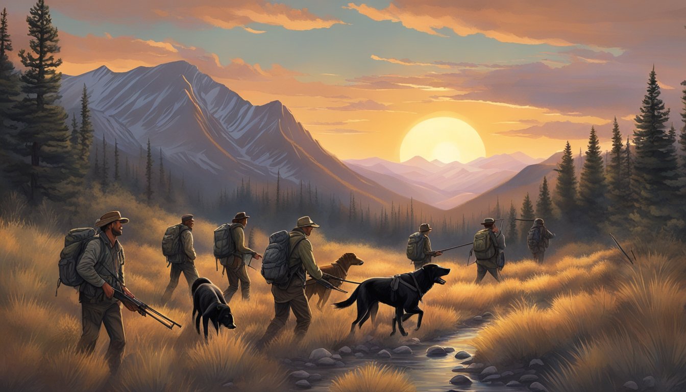 A group of hunters with dogs and rifles trek through the rugged Colorado wilderness in search of wild hogs. The sun sets behind the mountains as they set up camp