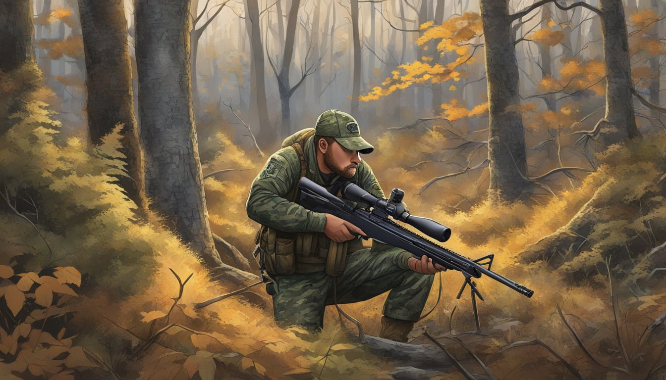 A hunter in a wooded area, wearing camouflage gear, aiming a rifle at a wild hog in Maine. The hog is foraging in the underbrush