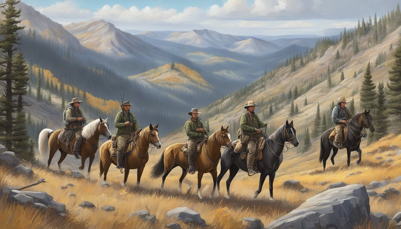 A group of hunters on horseback traverse rugged terrain in Colorado, carrying rifles and accompanied by a pack of hunting dogs