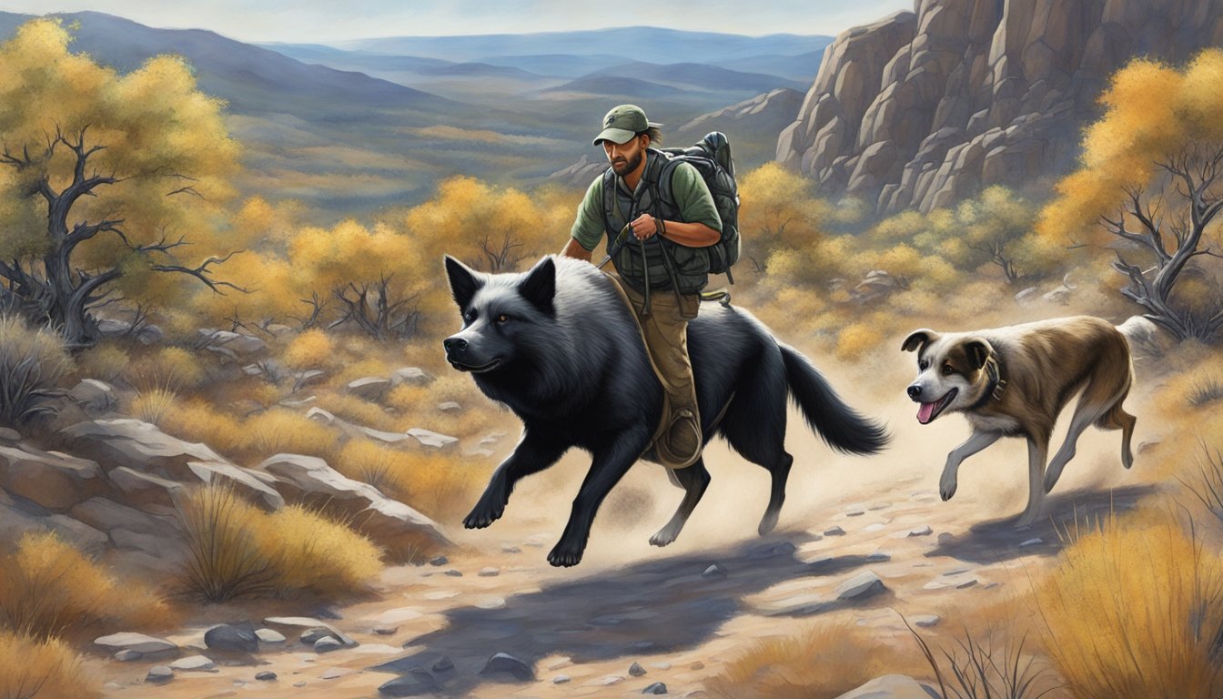 A hunter and dogs track a wild hog through rugged Colorado terrain, surrounded by scrubby bushes and rocky outcrops