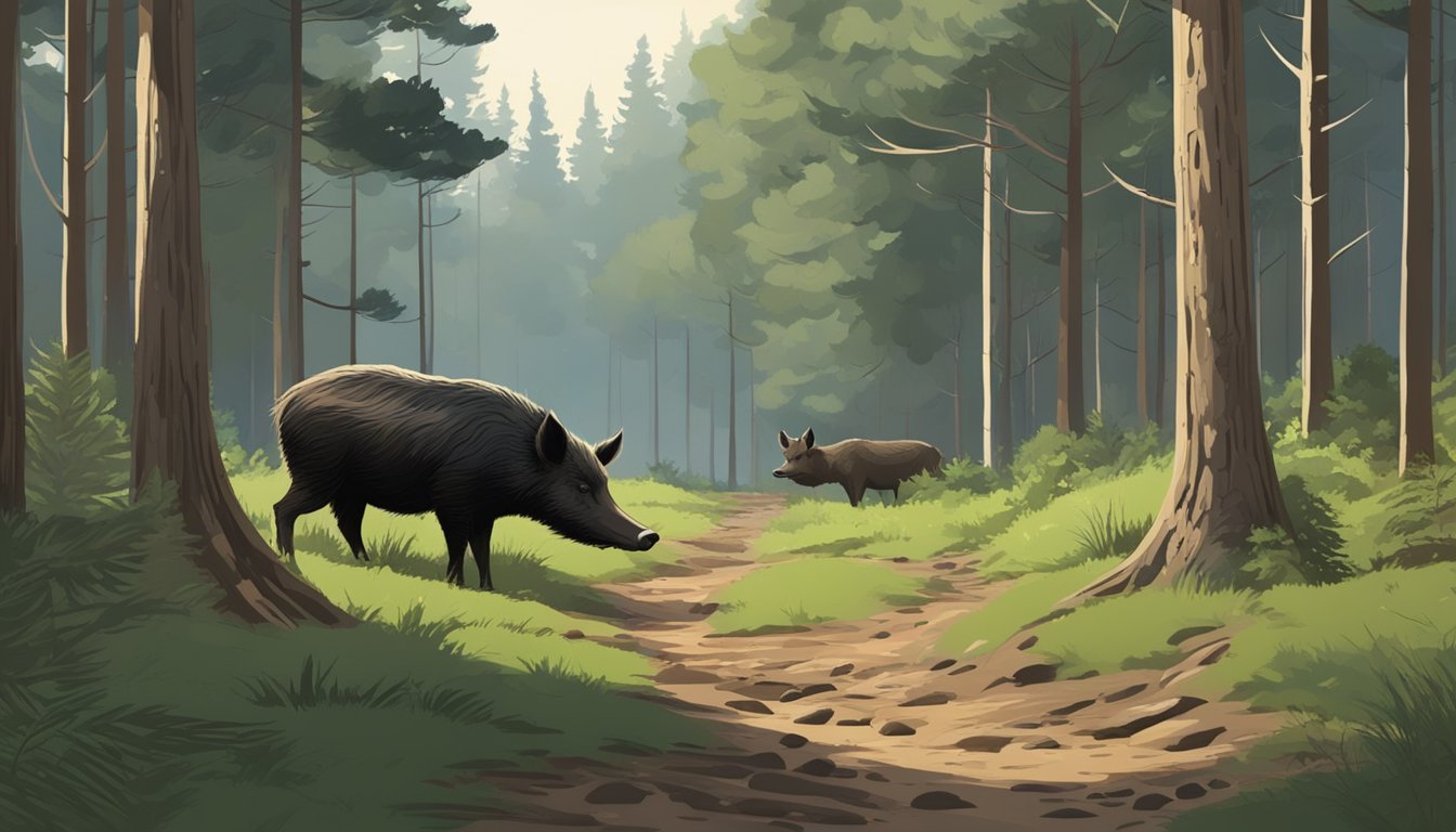 A dense forest with tall pine trees and thick underbrush, a small clearing with mud wallows, and tracks of wild hogs