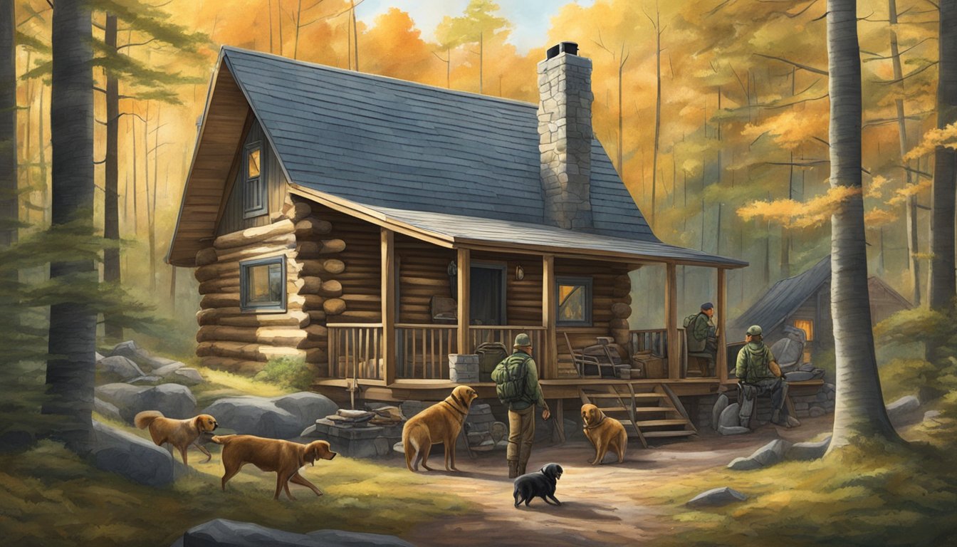 A cozy cabin nestled in the woods with a hunter's gear and a pack of hunting dogs ready for a hog hunting expedition in Maine