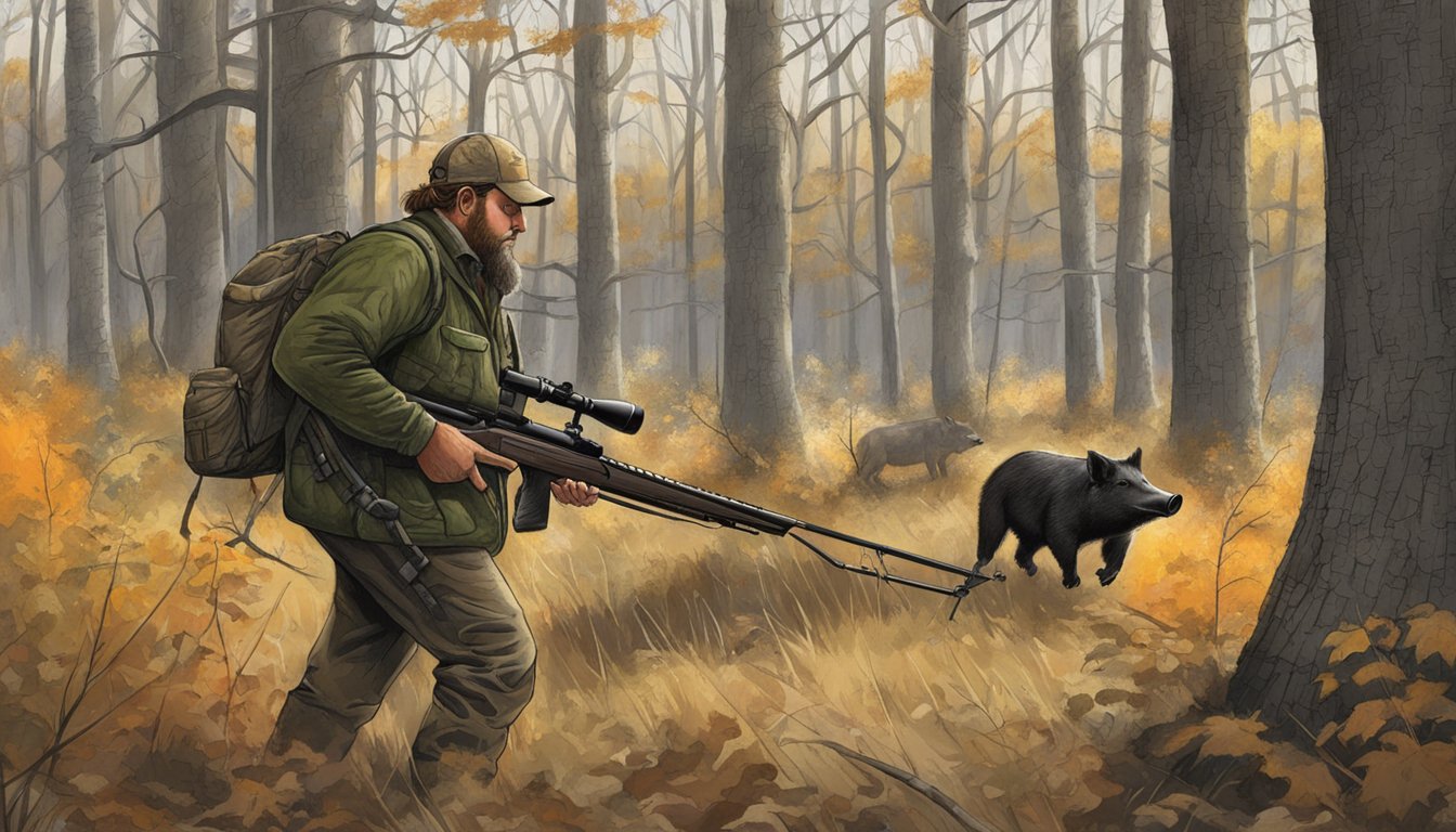 A hunter in Iowa's wooded hunting zone aims at a wild hog