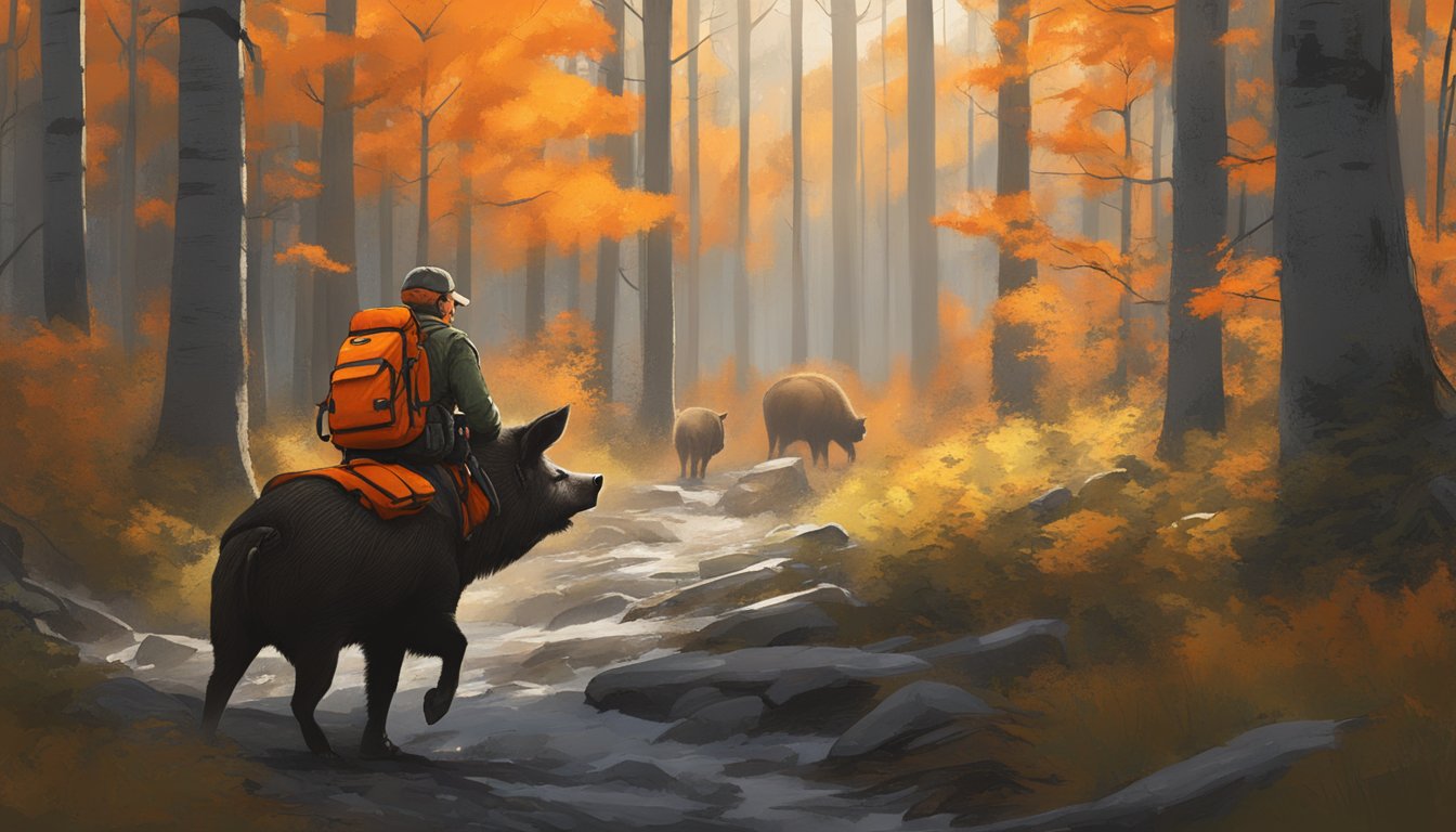 A hunter in bright orange gear cautiously approaches a wild boar in a dense Maine forest, with a clear focus on safety and ethical hunting practices