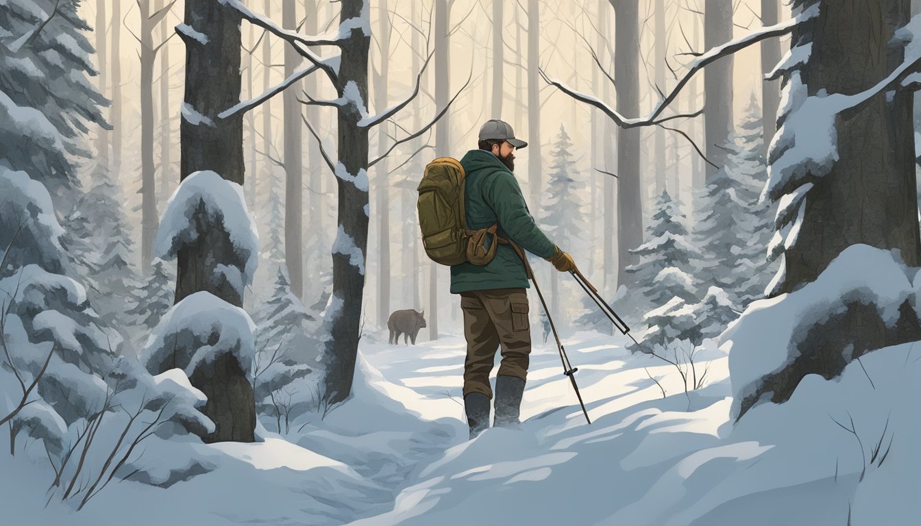 A hunter in a dense Maine forest, surrounded by snow-covered trees, carefully schedules and plans for hog hunting season