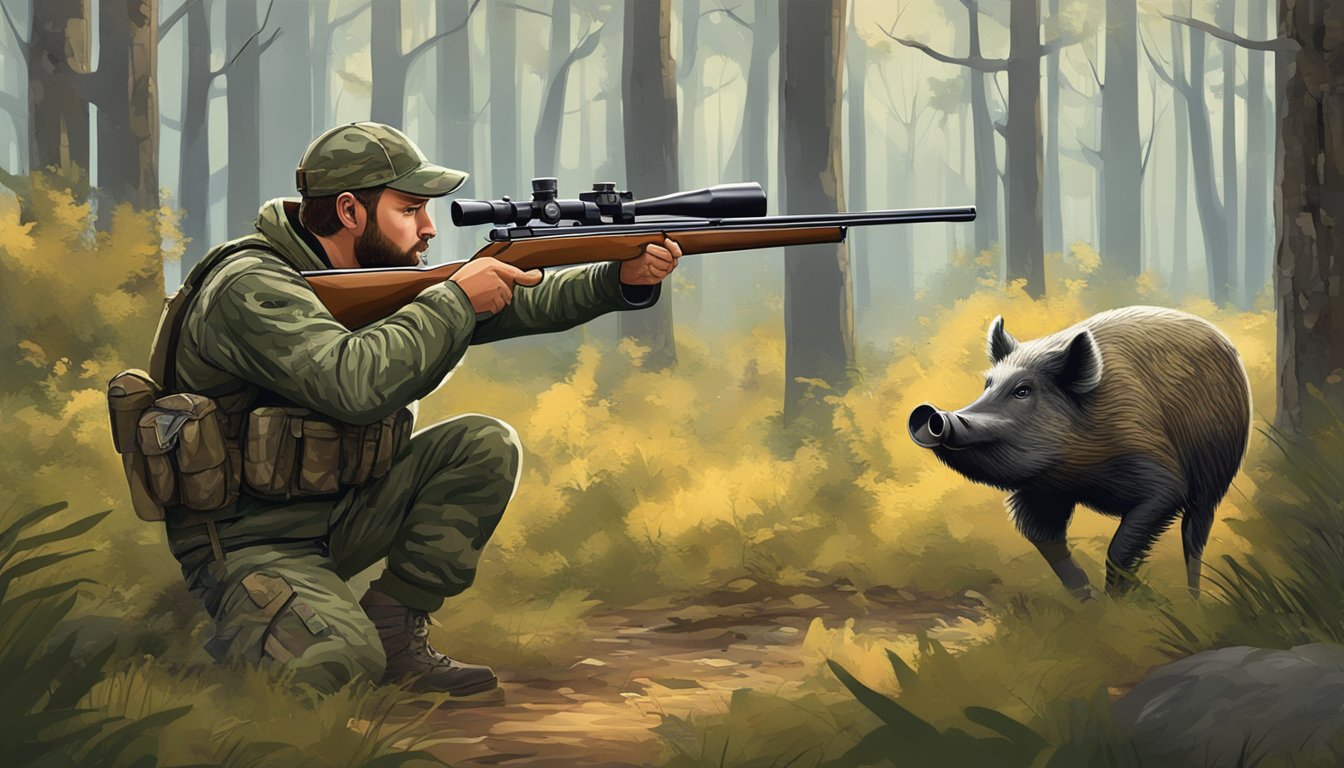 A hunter in camouflage aiming at a wild hog in a forest clearing