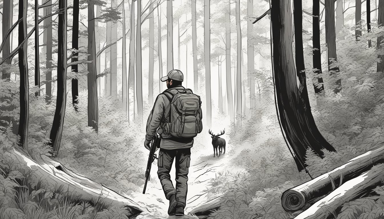 A lone hunter treks through a dense forest in Maine, rifle in hand, searching for wild hogs amidst the thick underbrush and towering trees