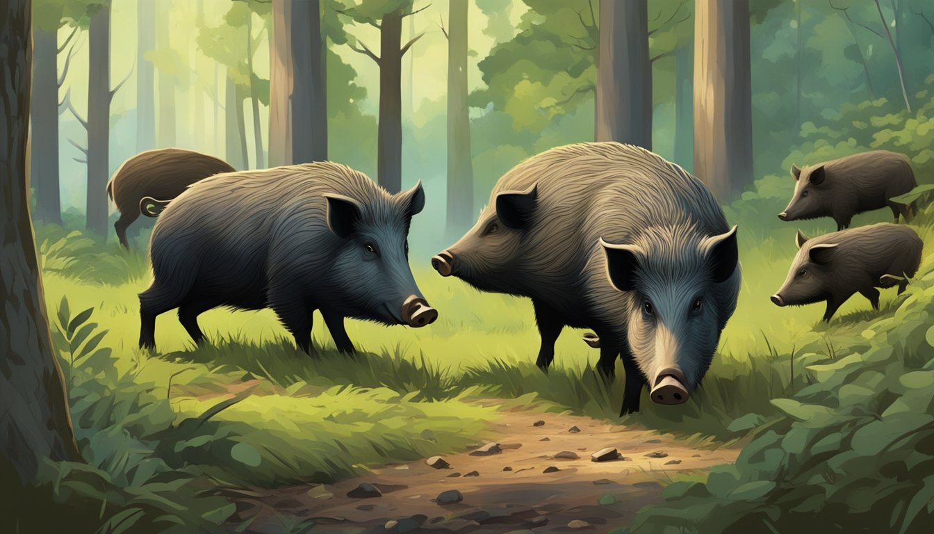 A family of hogs foraging in a dense forest clearing, surrounded by thick underbrush and fallen trees