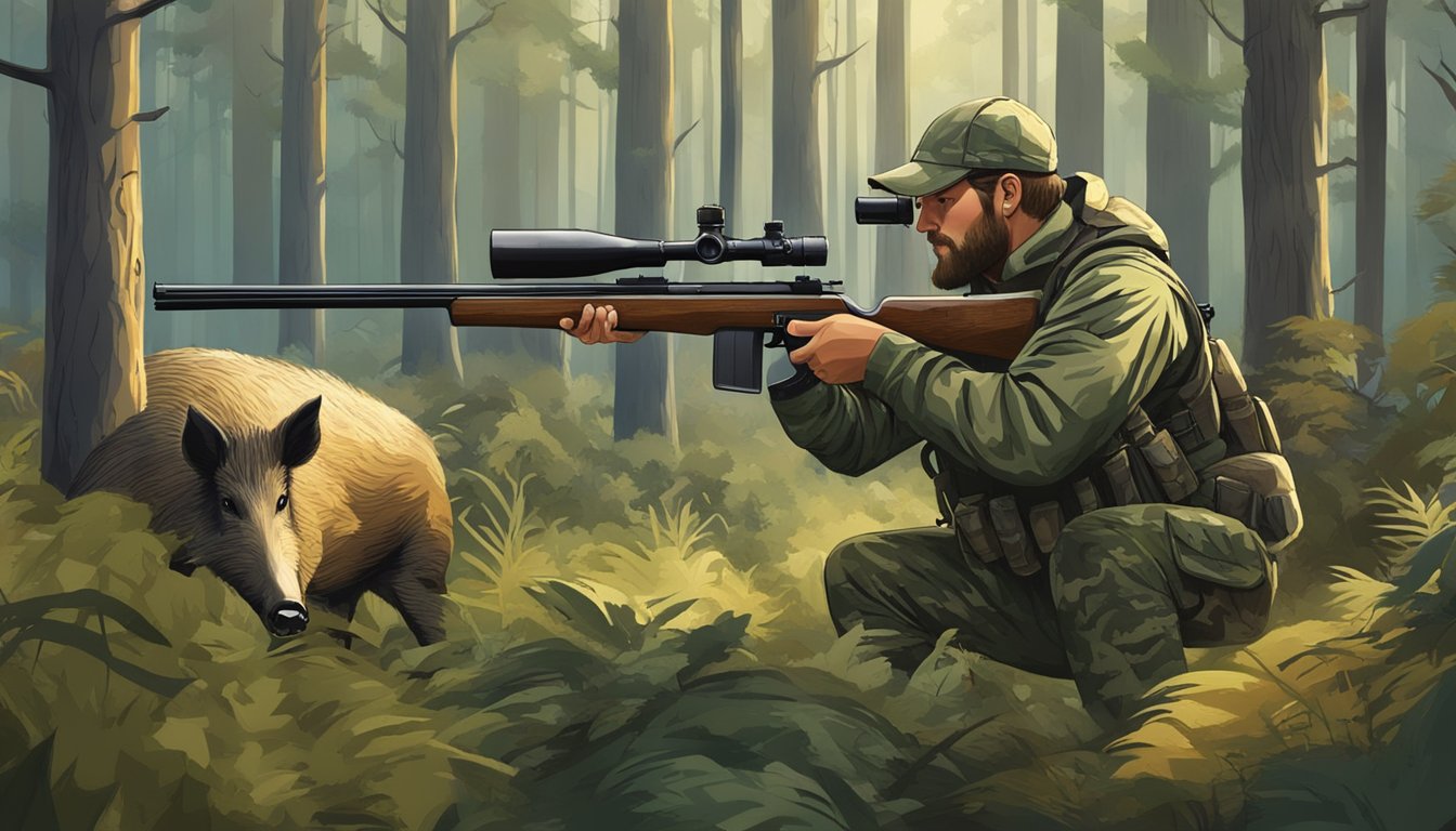 A hunter in camouflage aiming a rifle at a wild hog in a dense forest clearing