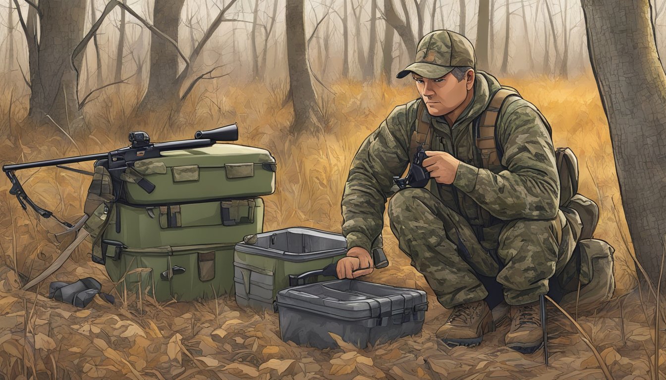 A hunter in camouflage gear checks his equipment before heading into the Iowa woods for a hog hunting expedition