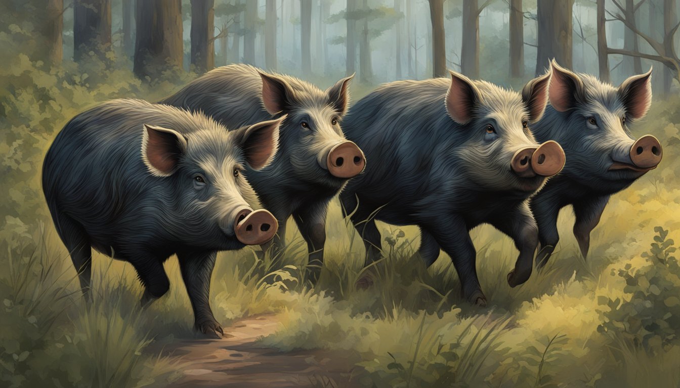 A group of feral hogs roam through the dense underbrush of the hunting district, their snouts rooting for food as they leave a trail of destruction in their wake