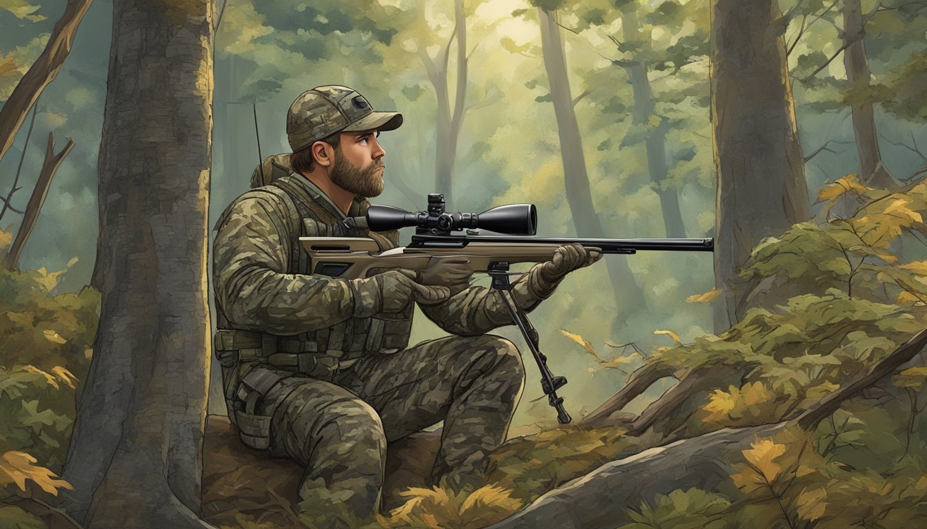 A hunter in camouflage waits in a tree stand, crossbow at the ready, as wild hogs roam through the dense forest in the district of Columbia