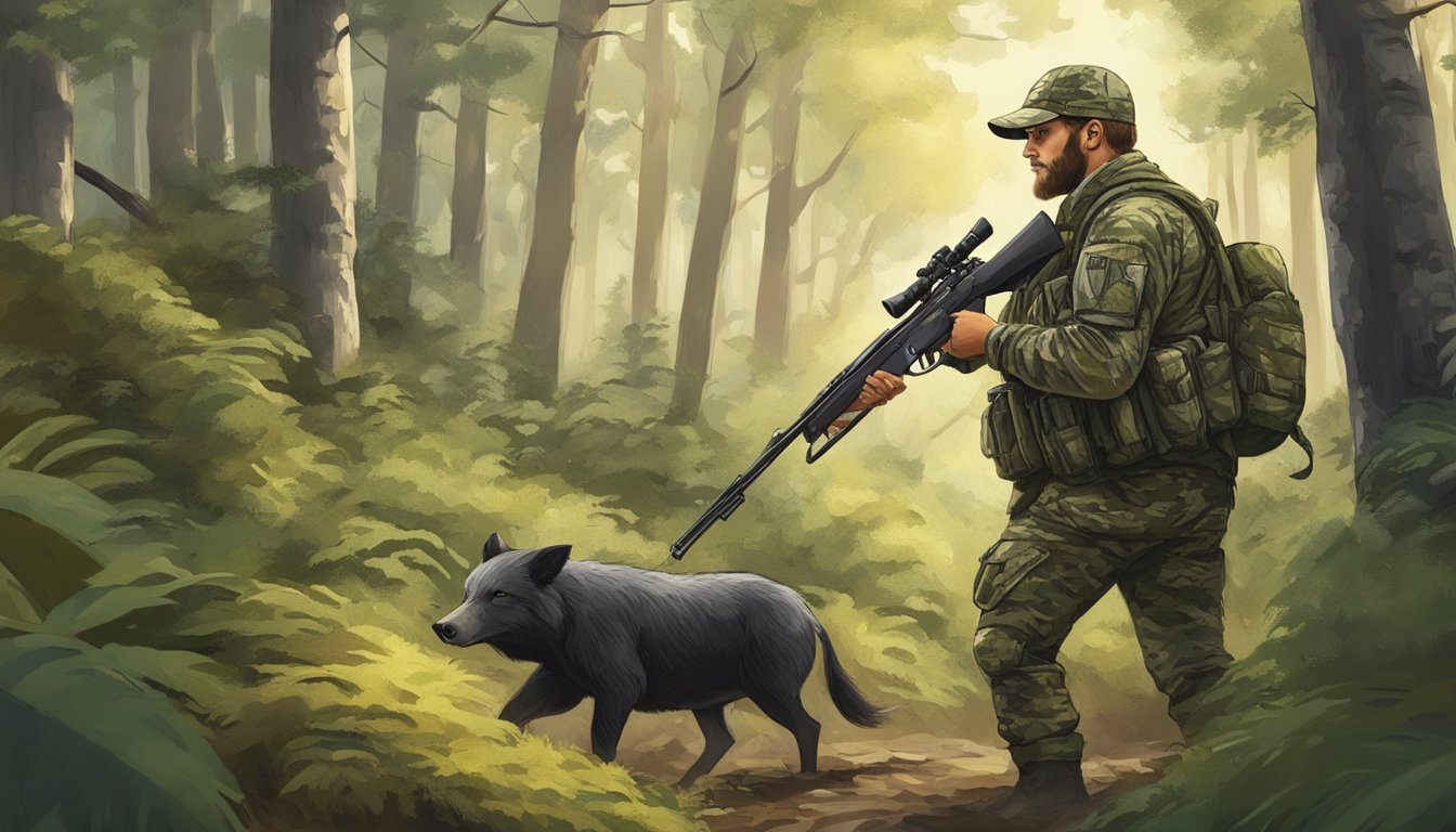 A hunter in camouflage gear cautiously navigates through the dense forest, rifle in hand, while keeping a watchful eye out for wild hogs