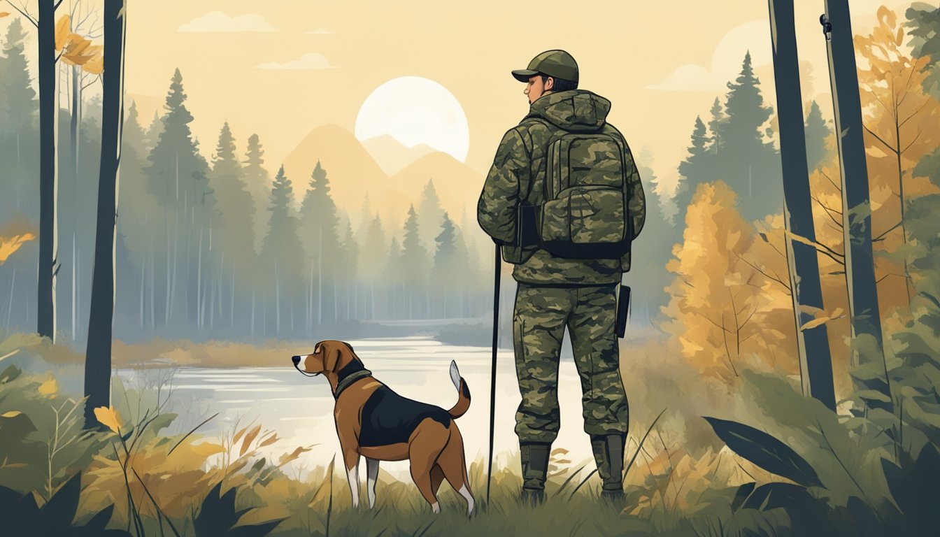 A hunter in camouflage gear stands in a wooded area, surveying the landscape with binoculars. A hunting dog sniffs the ground nearby