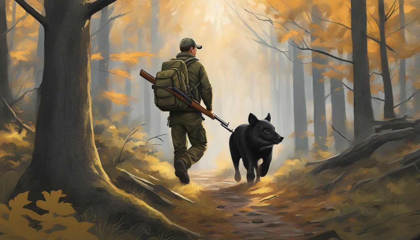 A hunter in Michigan navigates through dense woods, following regulations and laws for hog hunting