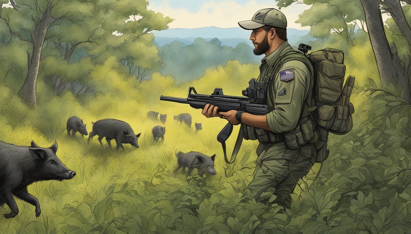 A hunter tracking wild hogs through dense underbrush in the District of Columbia