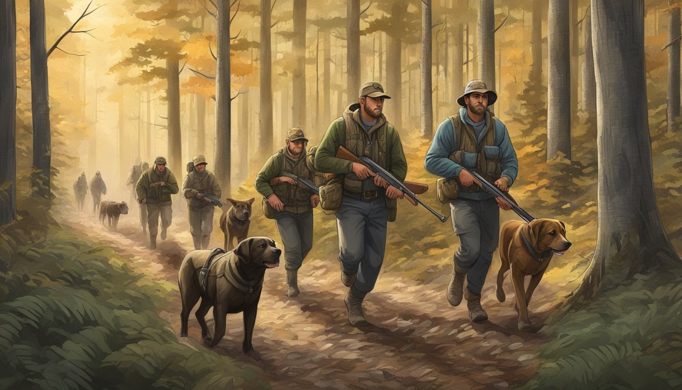 A group of hunters with dogs and rifles trek through a dense forest at a popular hog hunting ranch in Michigan