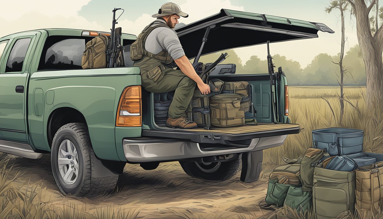 A hunter loading gear into a pickup truck before heading out into the Louisiana swamplands for a hog hunting adventure