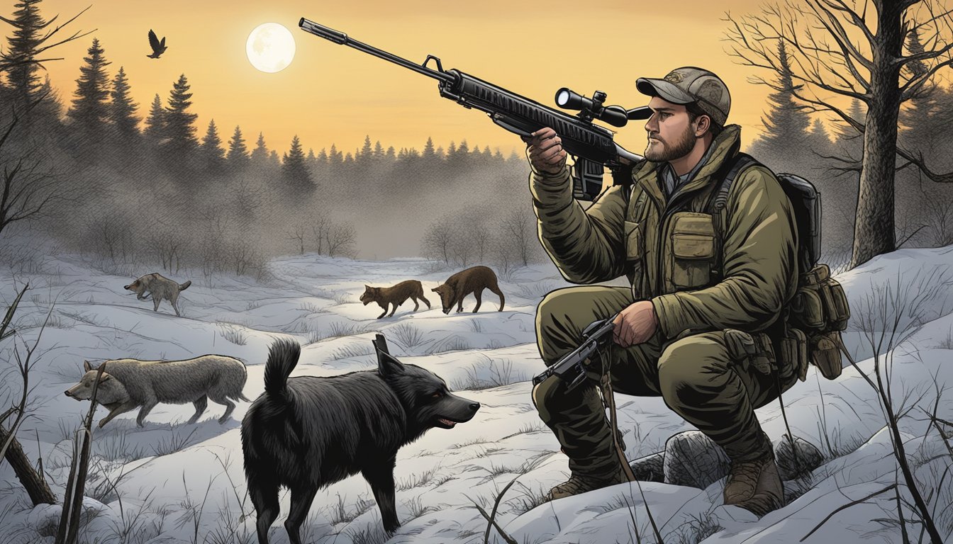 A hunter in Michigan uses a spotlight to track wild hogs at night, armed with a rifle and accompanied by trained dogs