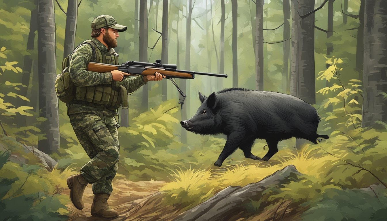 A hunter in camouflage with a rifle, tracking a wild hog in a dense Michigan forest