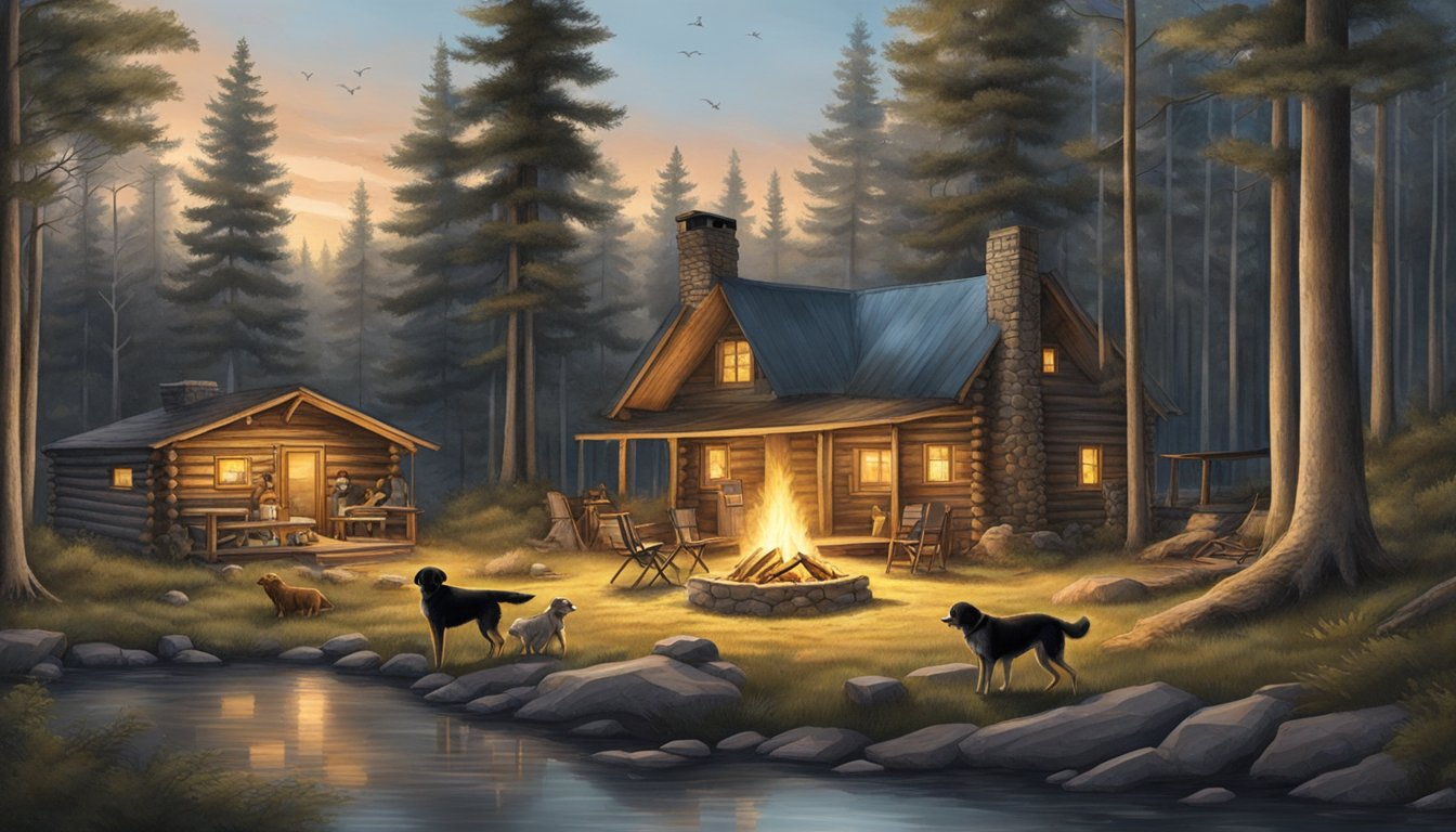 A rustic cabin nestled in the Michigan woods, surrounded by hunting gear and a roaring campfire, with a pack of eager hunting dogs nearby