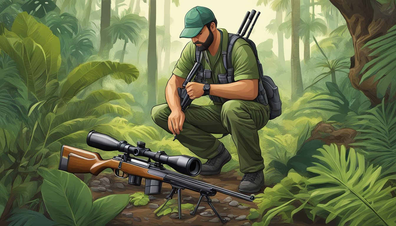 A hunter prepares gear and checks rifle in lush Hawaiian forest