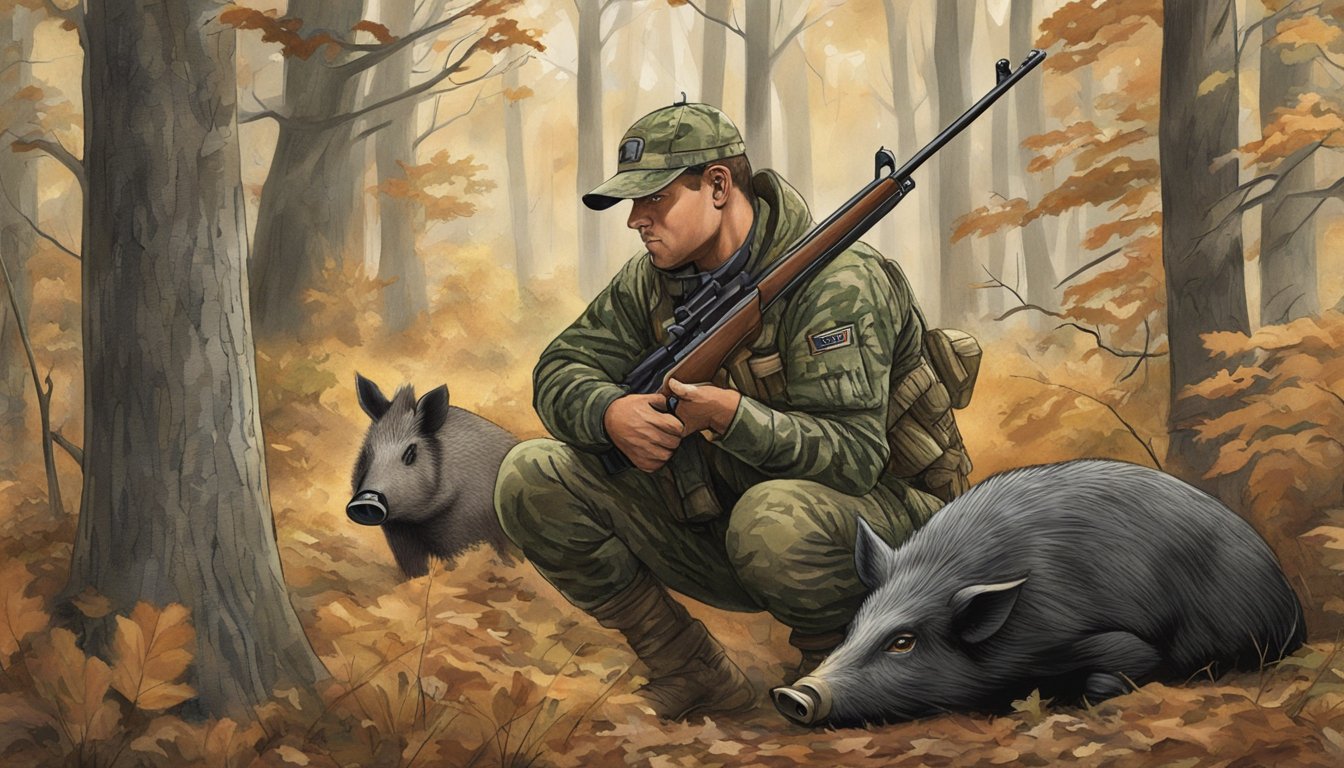 A hunter in camouflage aiming a rifle at a wild hog in a wooded area of Massachusetts