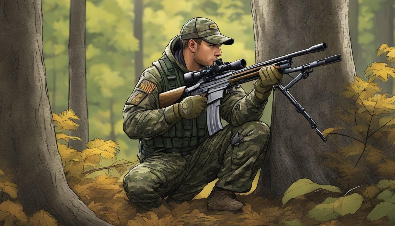 A hunter in camouflage gear crouches behind a tree, crossbow in hand, scanning the forest for wild hogs in Massachusetts