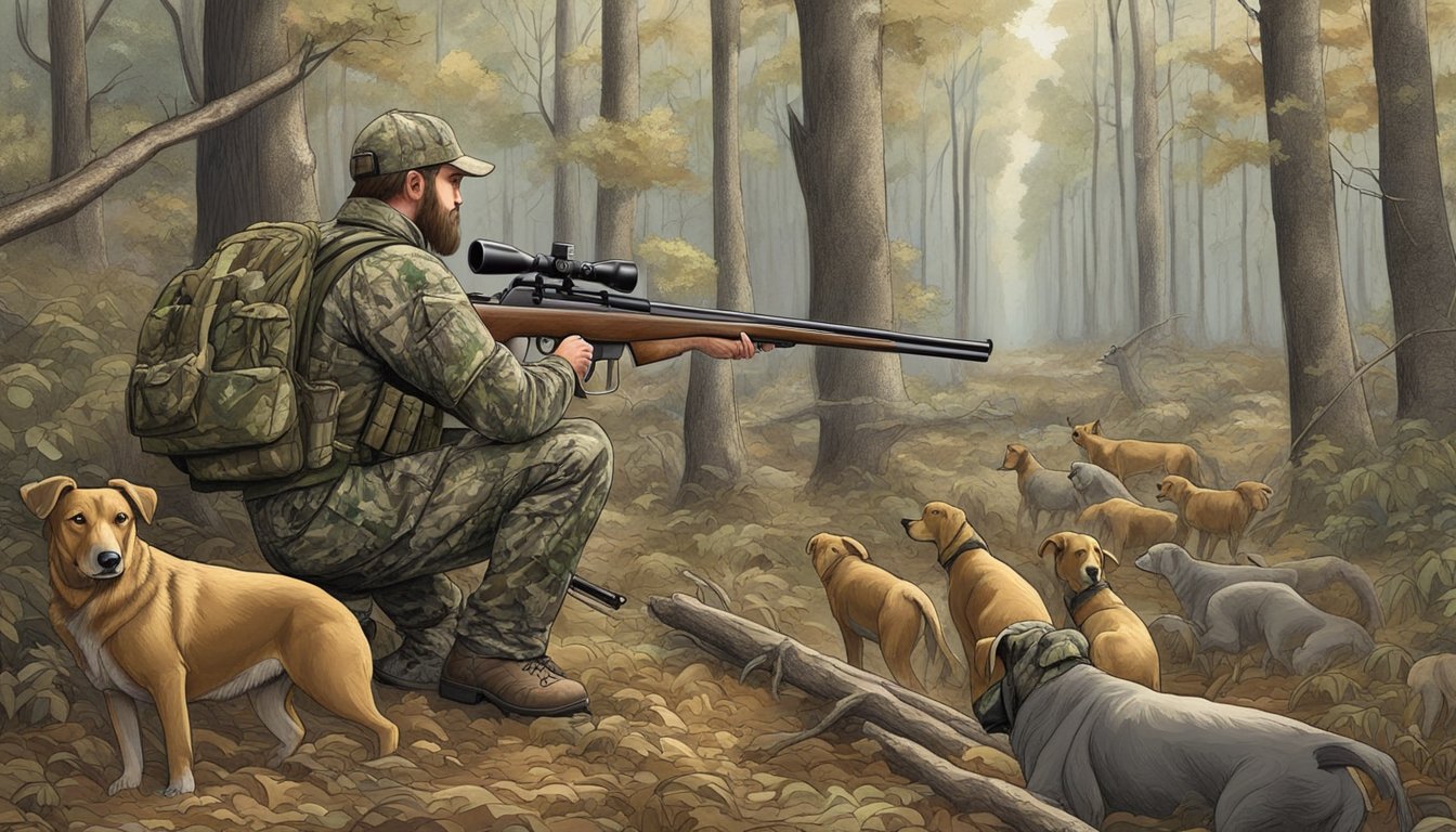 A hunter in camouflage gear loads a rifle near a dense forest in Missouri, as hunting dogs eagerly await the upcoming hog hunt