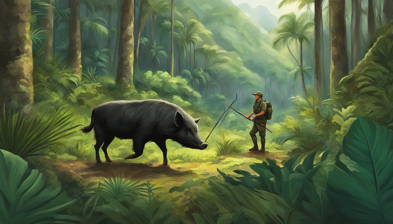 A hunter stands in a lush Hawaiian forest, holding a spear and surrounded by dense foliage and wild hogs