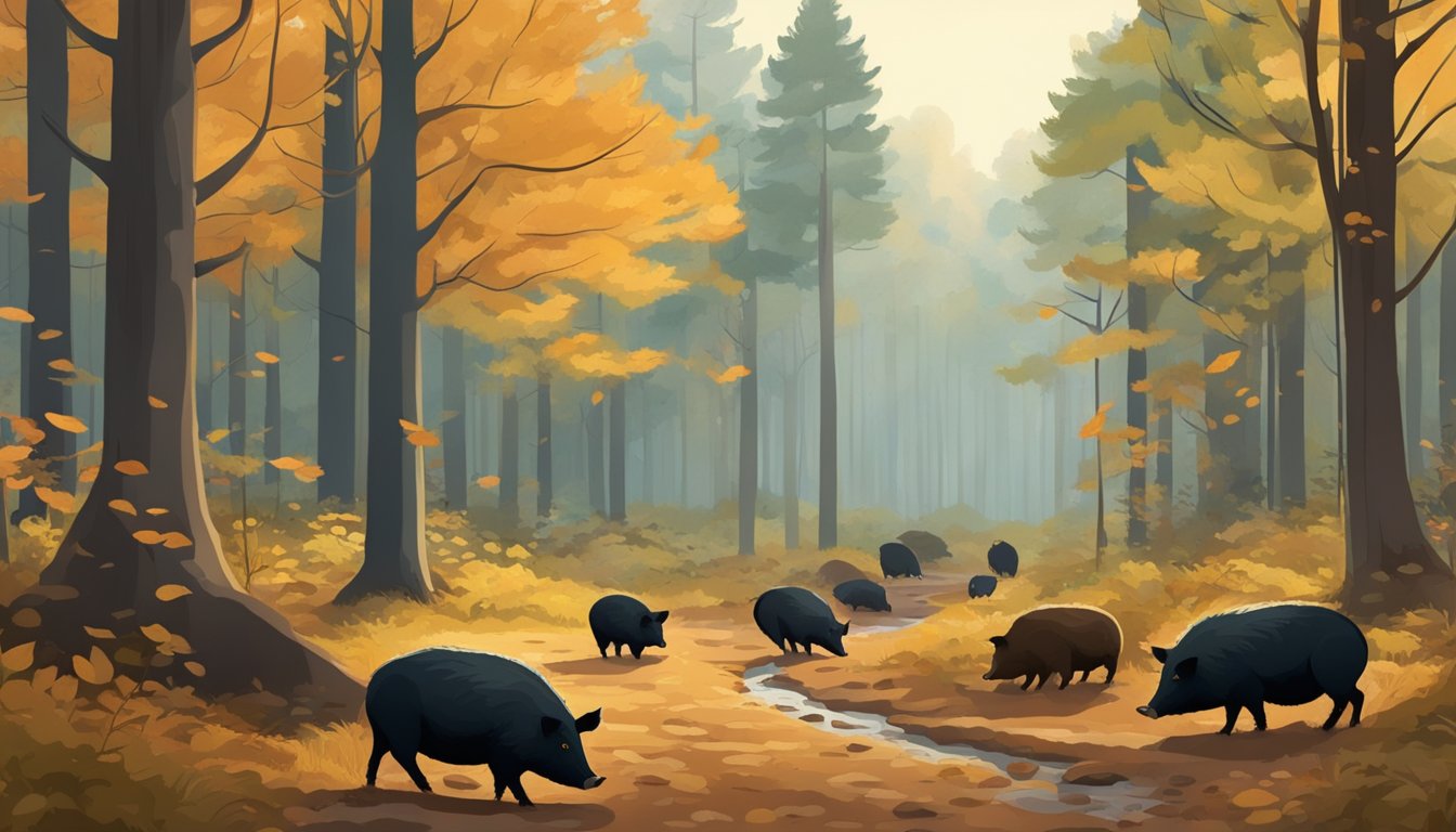 A dense forest with tall trees, fallen leaves, and a muddy trail leading to a clearing, where a group of hogs are foraging