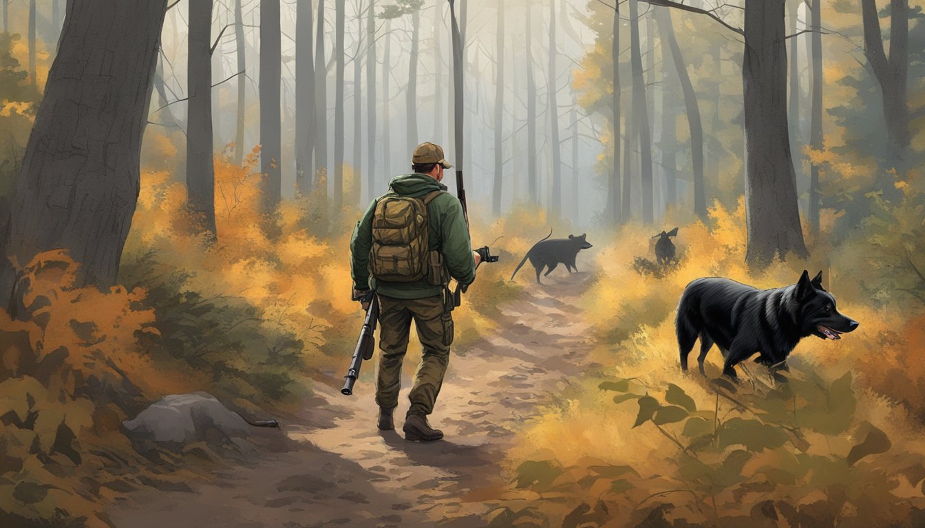 A hunter with a rifle and hunting dogs tracking a wild hog through the dense Massachusetts forest