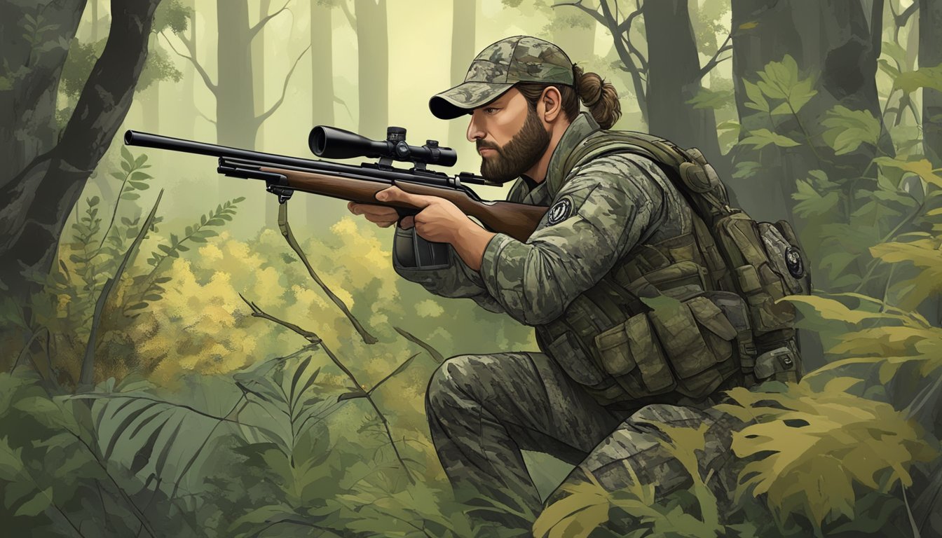 A hunter in camouflage with a scoped rifle, tracking a wild boar through dense Missouri forest undergrowth