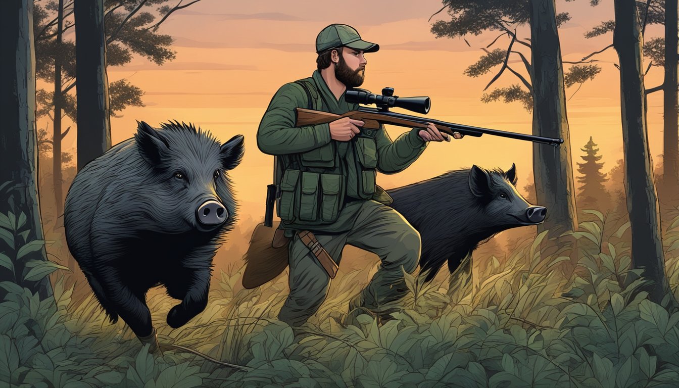 A hunter with a rifle tracking a wild hog in a dense forest at dusk