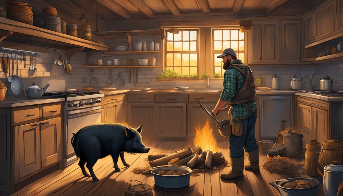 A hunter processes and cooks a wild hog in a rustic Missouri kitchen, surrounded by hunting gear and a warm, glowing fire