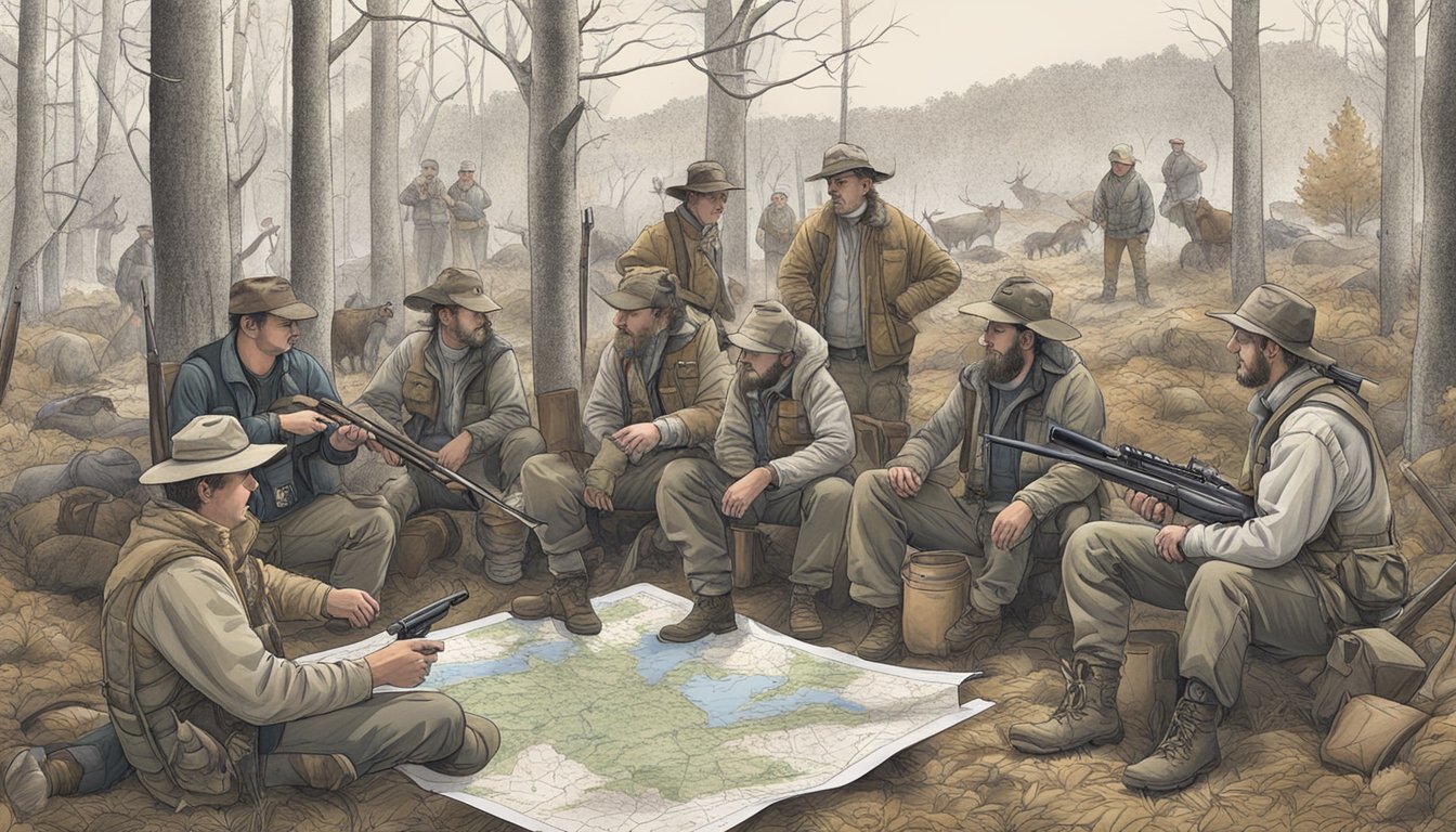 A group of hunters gather around a map of Massachusetts, discussing hog hunting locations and strategies. Outdoor gear and rifles are scattered around the room