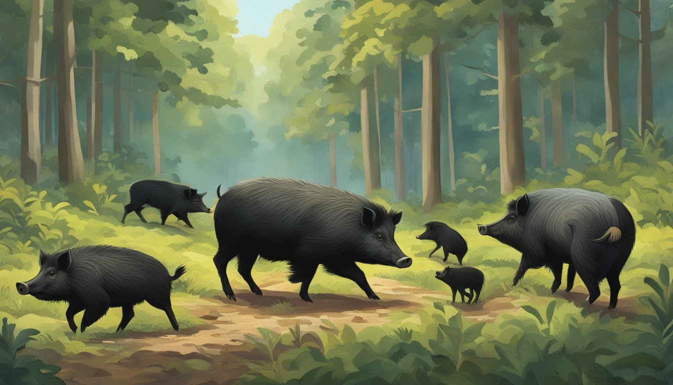 A dense Indiana forest with a group of wild hogs roaming and foraging for food