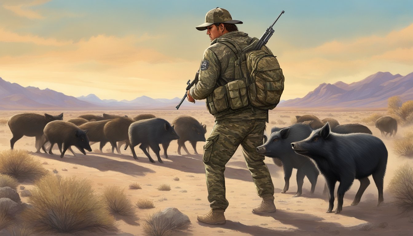 A hunter in camouflage aims a rifle at a group of wild hogs in the Nevada desert