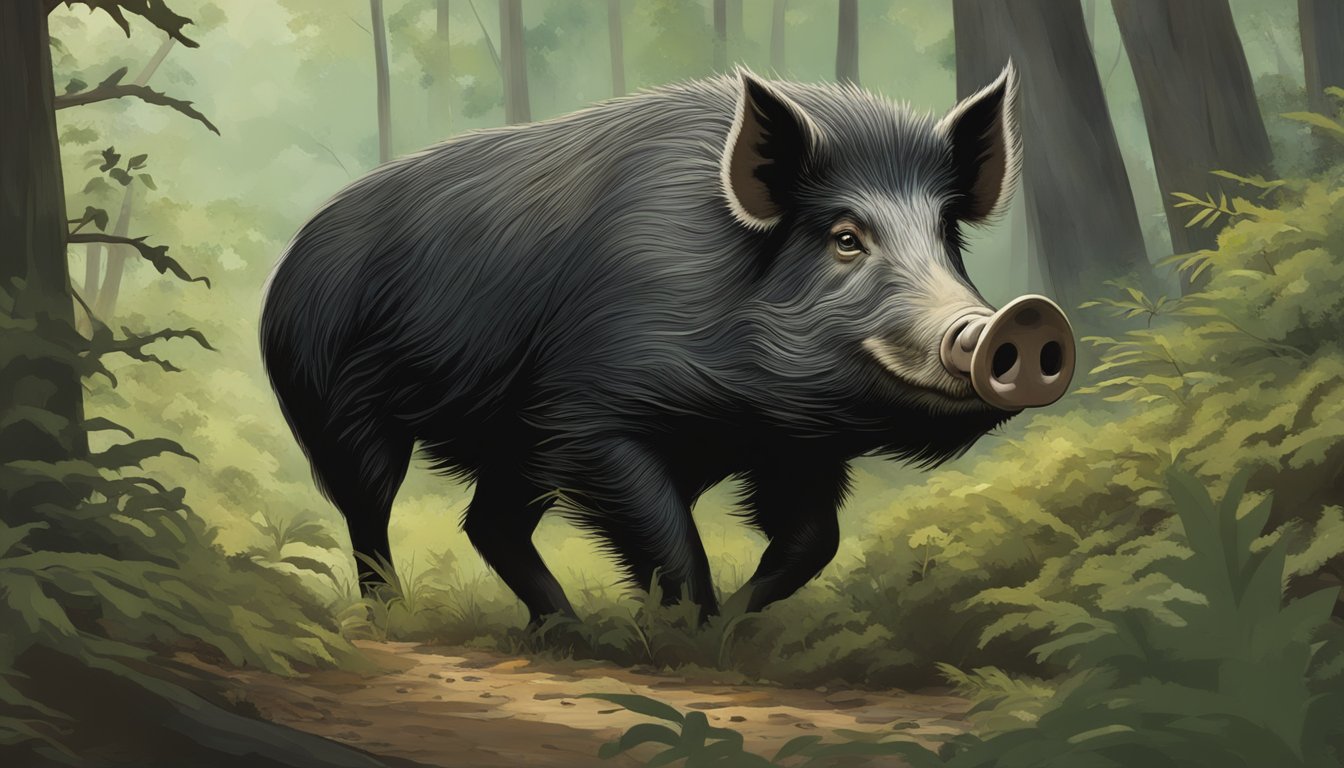 A wild hog with sharp tusks and a thick, bristly coat, foraging in the dense underbrush of an Indiana forest