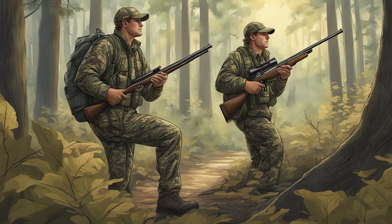 A hunter in camouflage navigating through dense Mississippi woods, with a shotgun and hunting gear