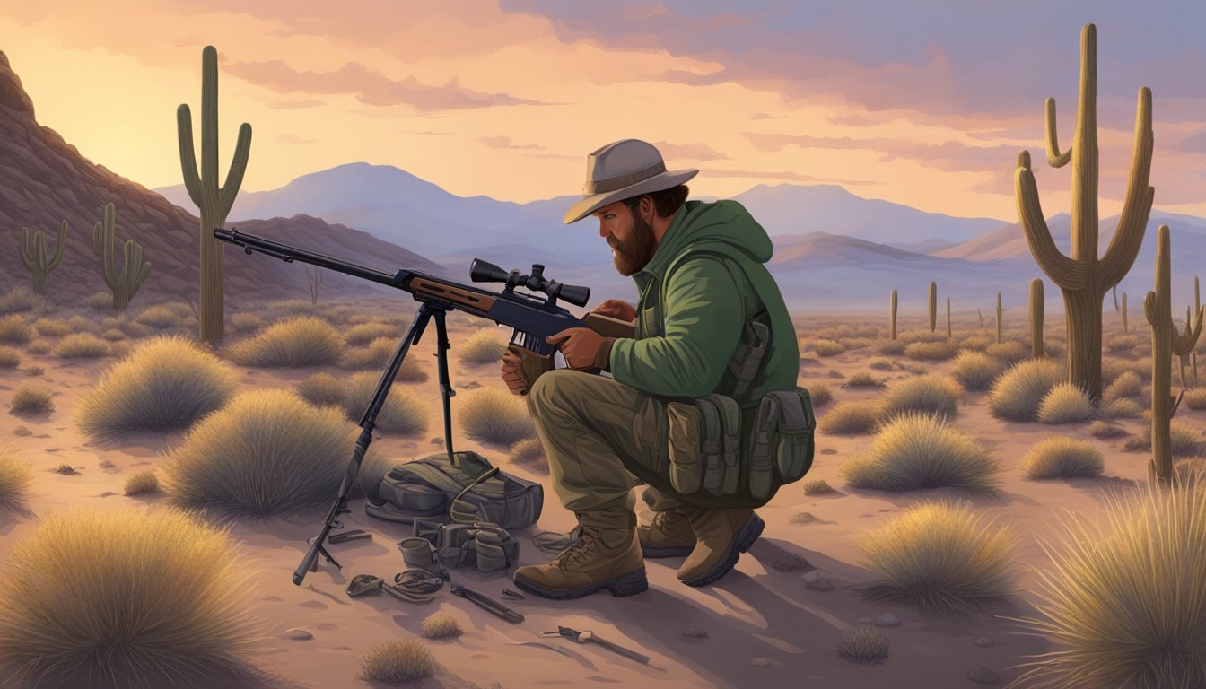 A hunter loads a rifle and checks equipment in the Nevada desert at dawn