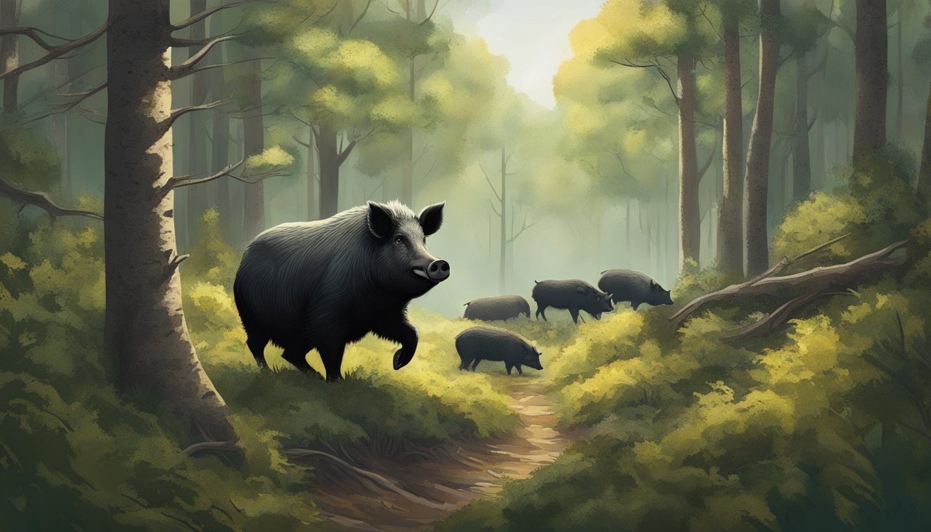 A hunter waits in a tree stand, surrounded by dense forest. A pack of hogs snuffles through the underbrush, unaware of the danger above