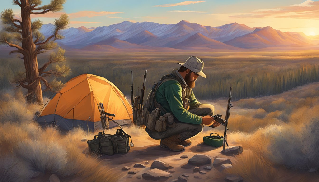 A hunter carefully checks their equipment before entering the Nevada wilderness. The sun sets behind the mountains as they prepare for a safe and ethical hog hunt