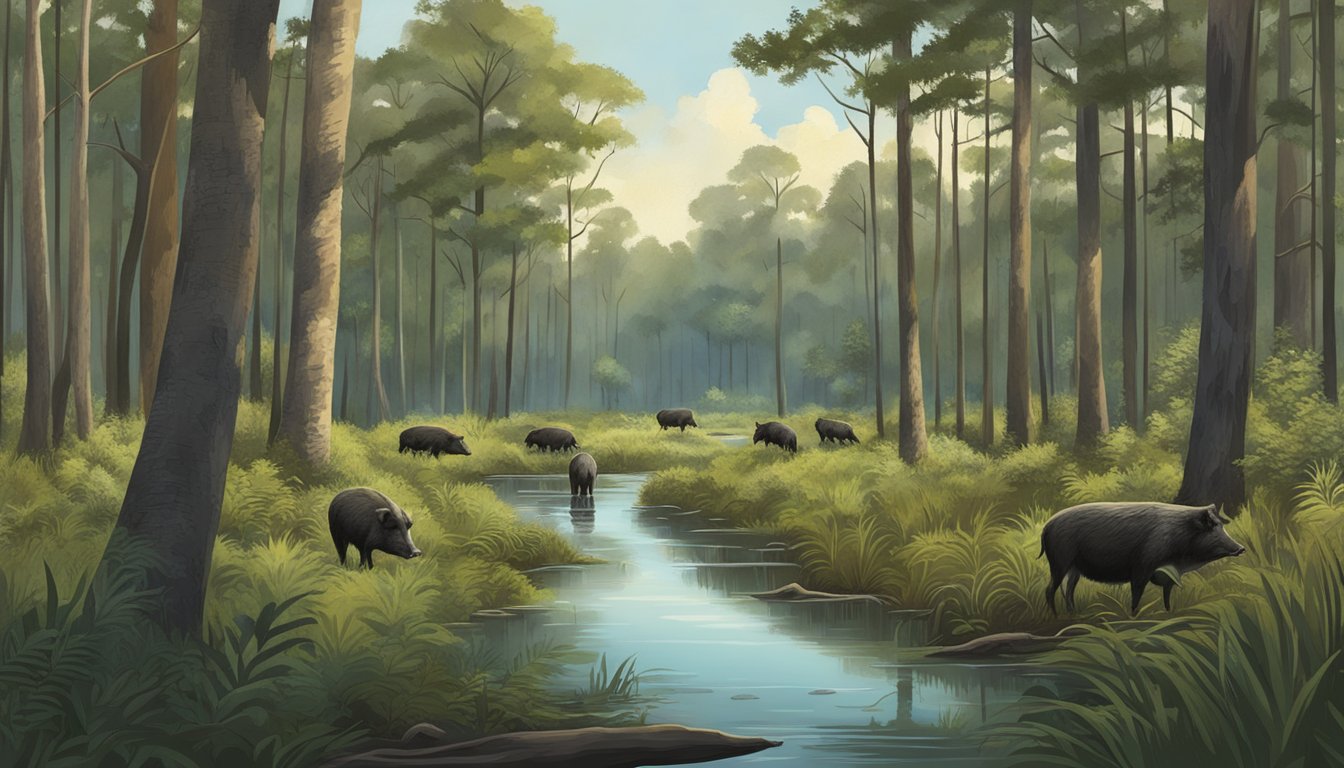 A dense forest with a swampy creek, cypress trees, and thick underbrush. A group of wild hogs roam freely, offering hunting opportunities in Mississippi