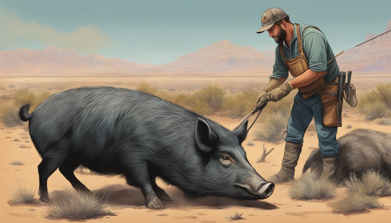 A hunter cleans and butchers a wild hog in the Nevada desert