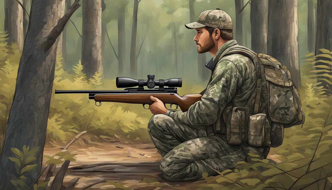 A hunter in camouflage gear checks his rifle before entering the dense Mississippi woods for a hog hunting expedition