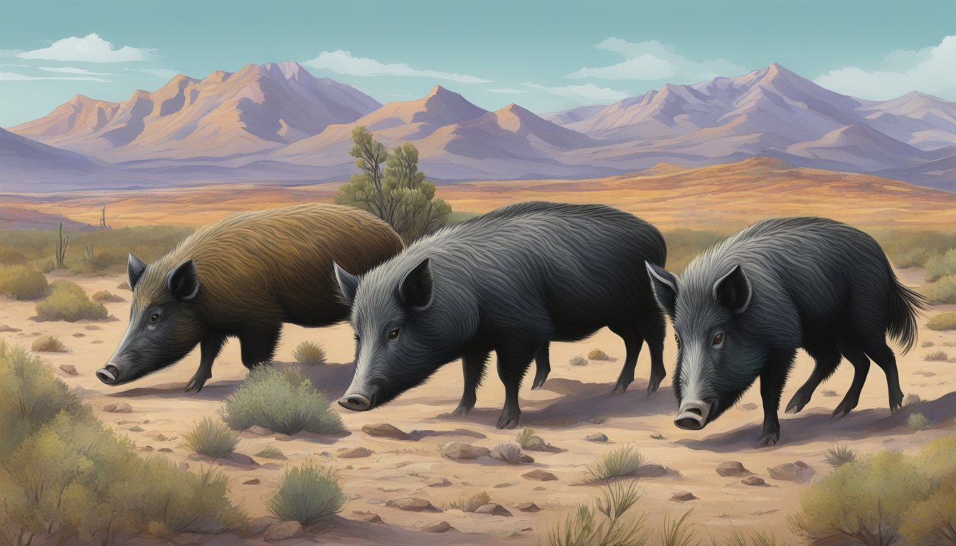 A group of wild hogs rooting and foraging in a Nevada desert, disrupting the local ecosystem