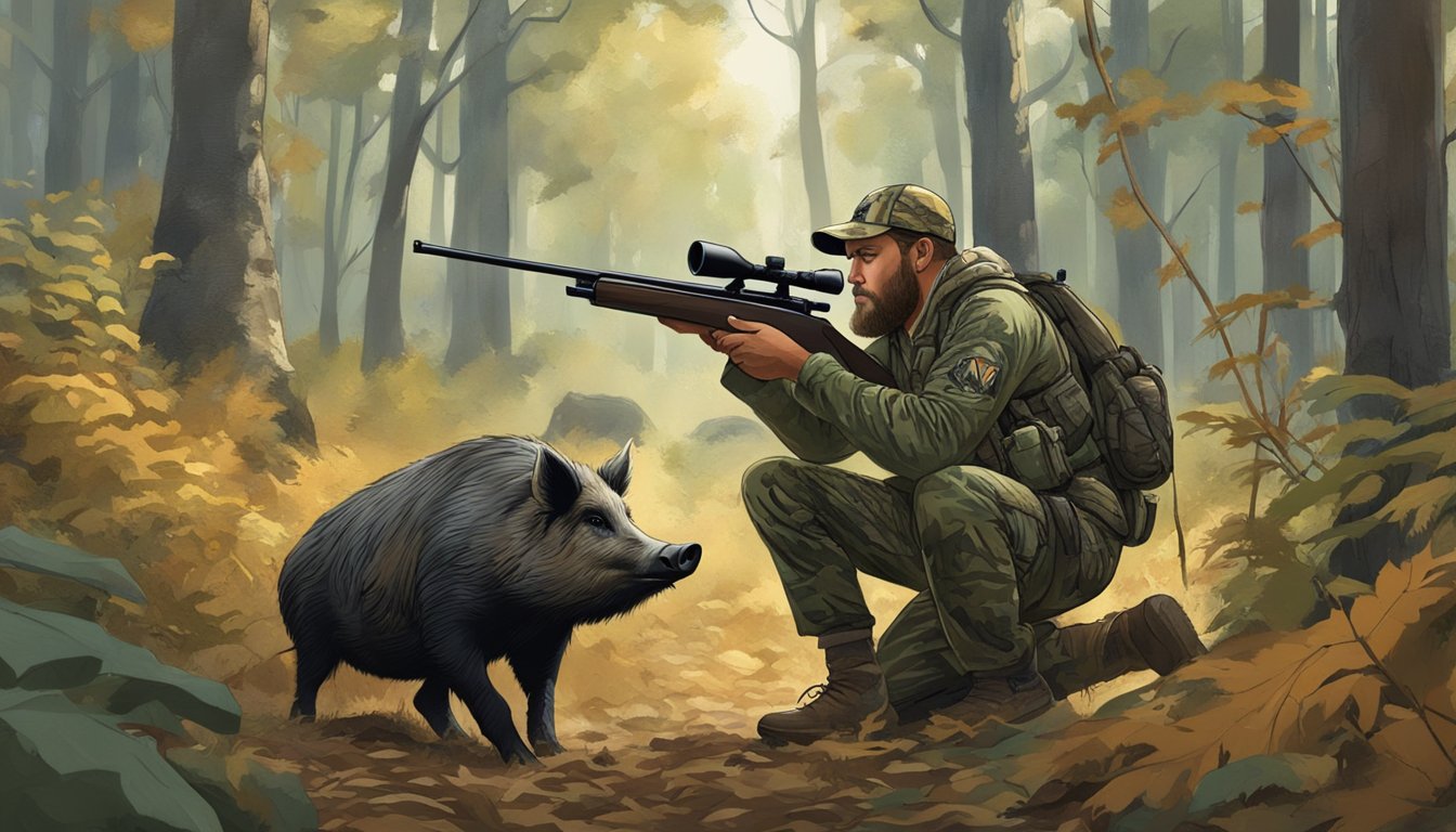 A hunter in camouflage aims a rifle at a large wild hog in a dense Indiana forest